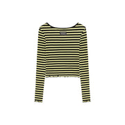 Chest Cutout Frill Long Sleeves Striped Top