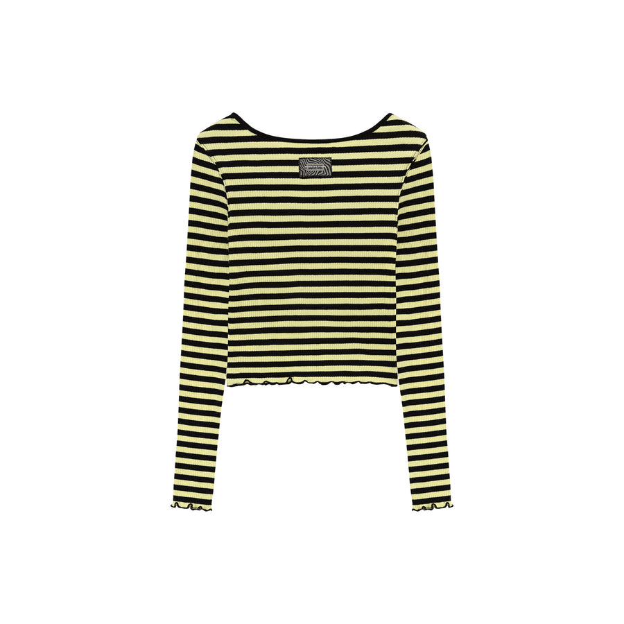 CHUU Chest Cutout Frill Long Sleeves Striped Top