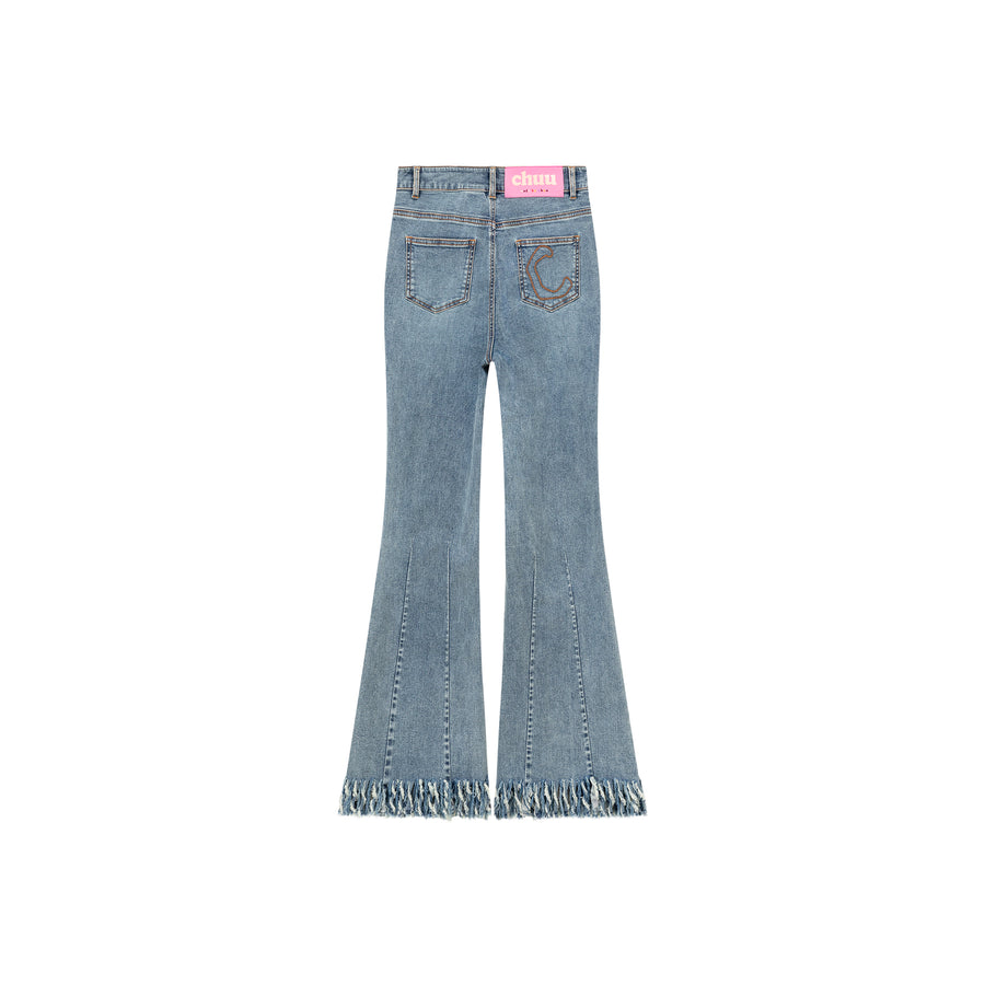 CHUU Frayed Tassel Hem Bootcut Denim Jeans