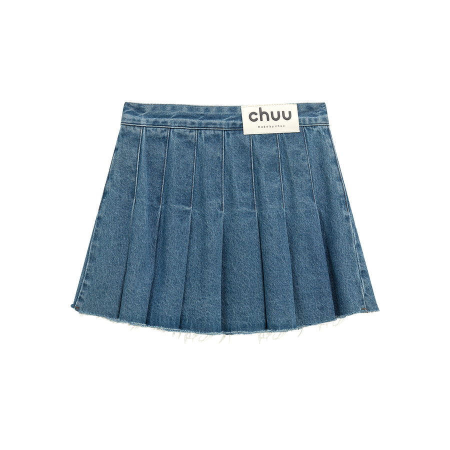 CHUU Raw Edge Pocket Denim Pleated Mini Skirt