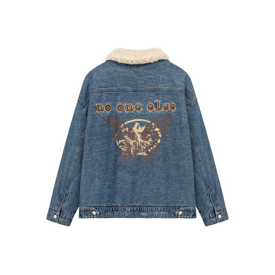 CHUU Fluffy Collar Denim Jacket