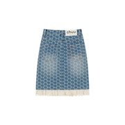 Heart Belted Lace Hem Shaped Pattern Denim Skirt