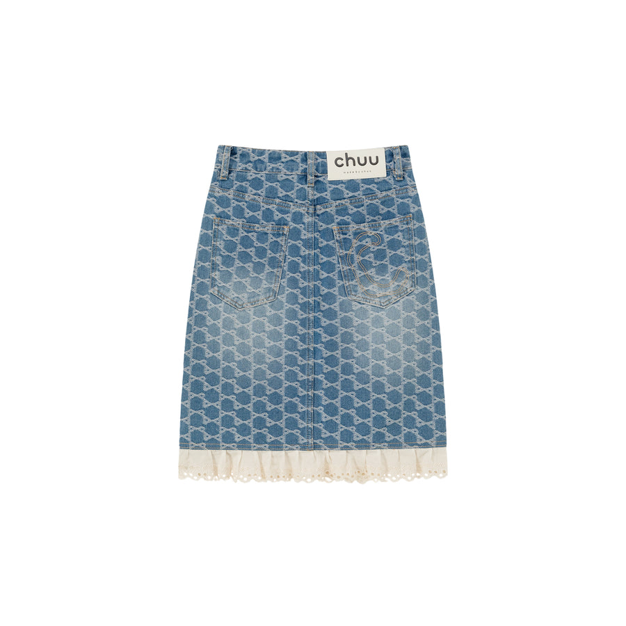 CHUU Heart Belted Lace Hem Shaped Pattern Denim Skirt