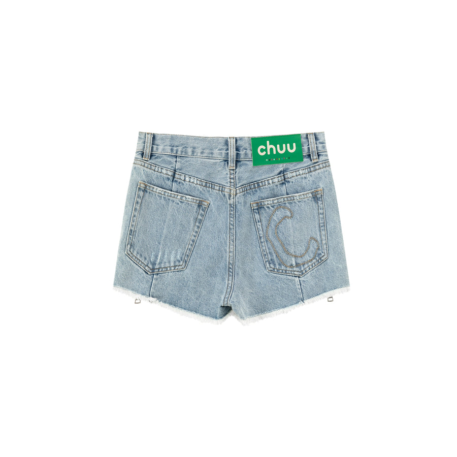 CHUU Fringed Hem Side Zippers Denim Shorts