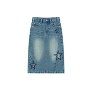 Hollow Star Washed Denim Medium Length Skirt