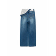 Unbalanced Folded Lettering Wide Denim Jeans