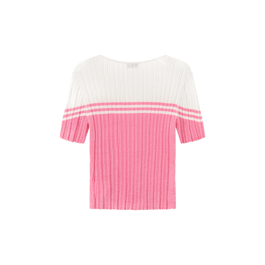 CHUU Ribbed Color Blocked Button Short Sleeve Cardigan