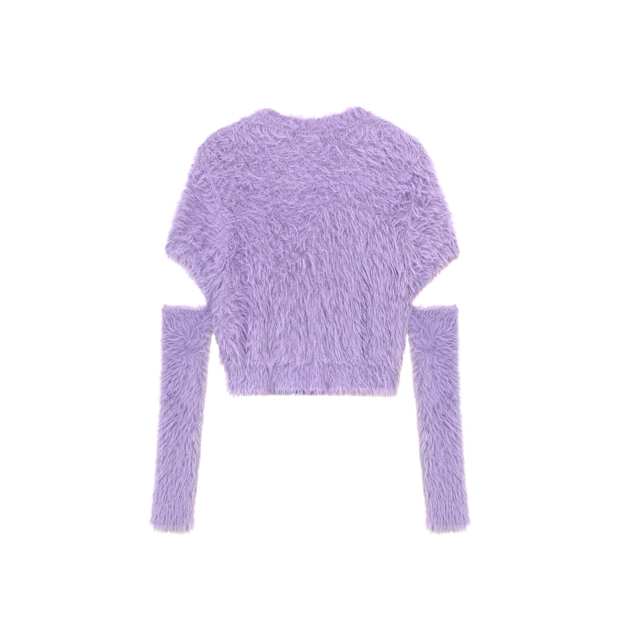 CHUU Fuzzy Sleeve Slit Crop Knit Sweater