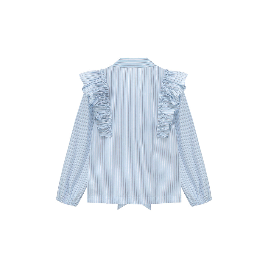 CHUU Logo Tie Ruffle Striped Blouse