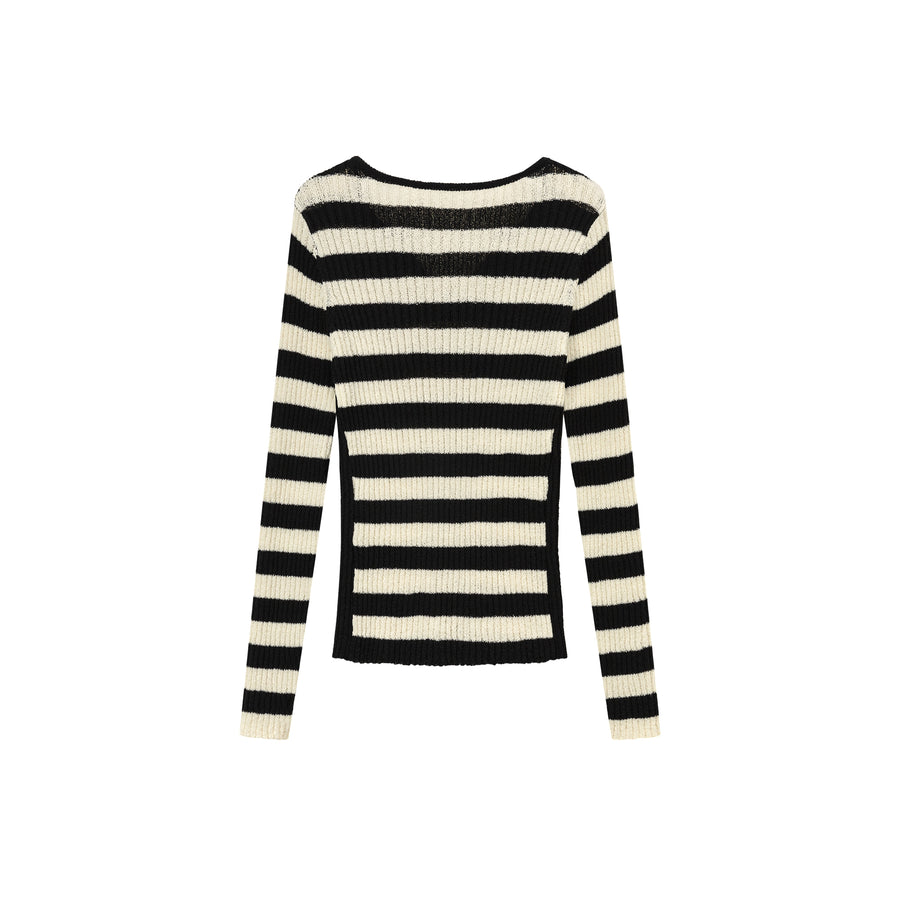 CHUU Slit Color Lettering Stripe Knit Sweater