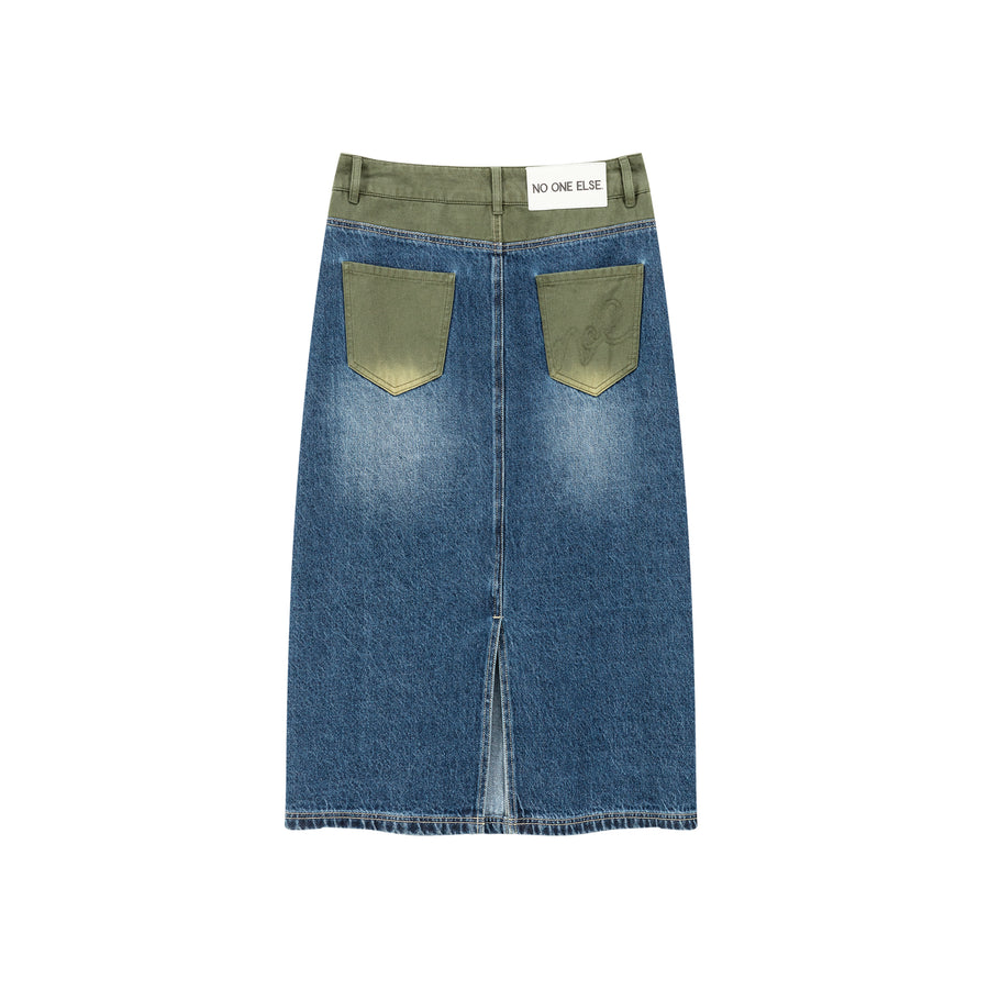 CHUU Two Toned Long Denim Skirt