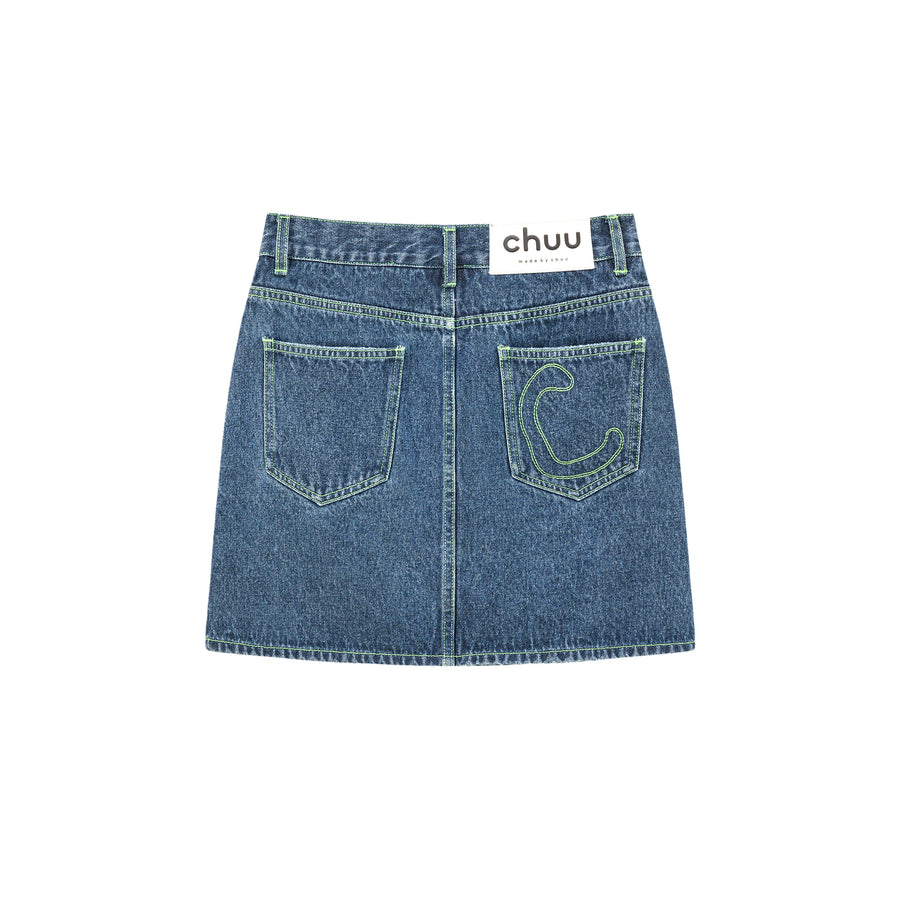 CHUU Asymmetrical Button Daily Denim Mini Skirt