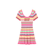 Rainbow Stripe Lettering Ruffle Hem Knit Dress