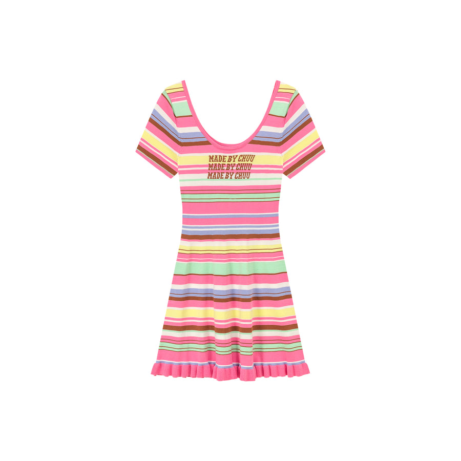 CHUU Rainbow Stripe Lettering Ruffle Hem Knit Dress