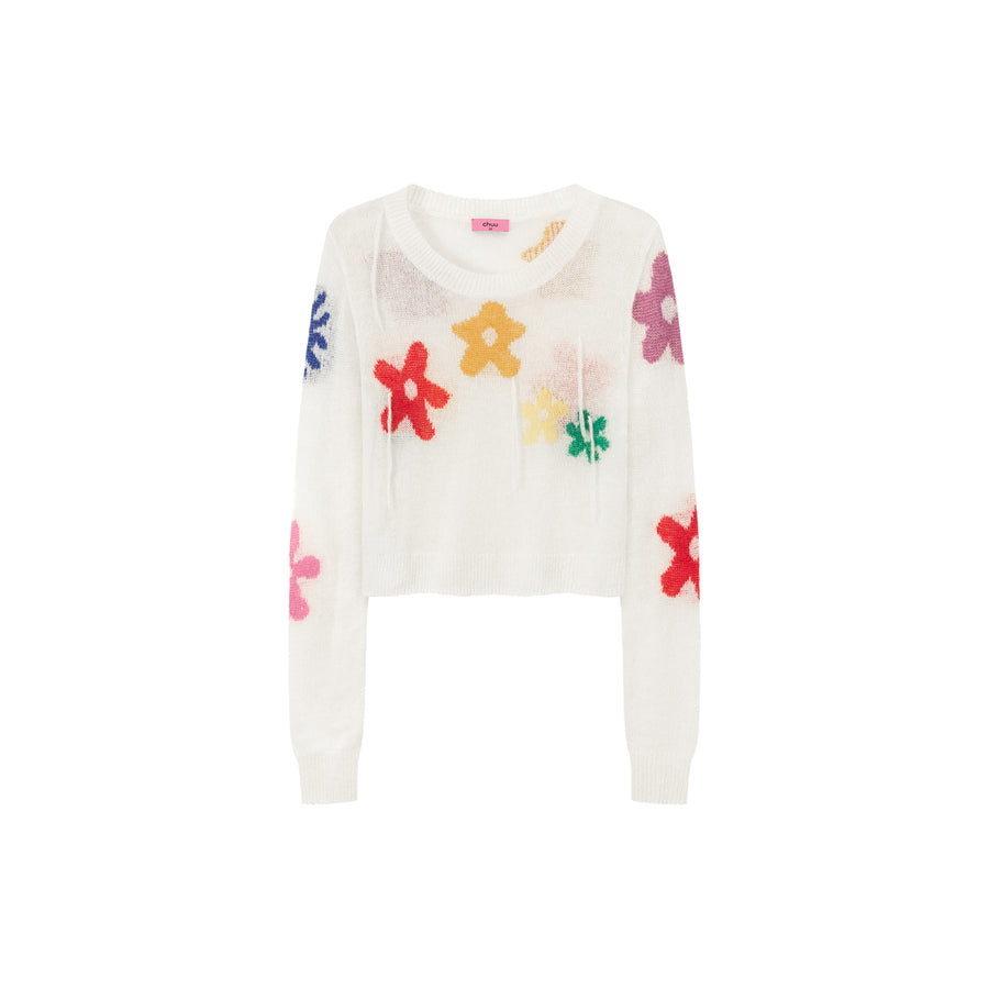 CHUU Colorful Flowers Crop Knit Sweater