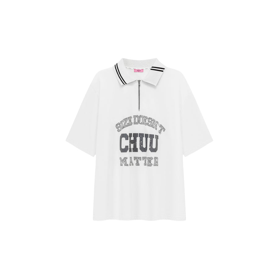 CHUU Size Doesnt Matter Letter Printed Half Zip Up Polo Neck T-Shirt