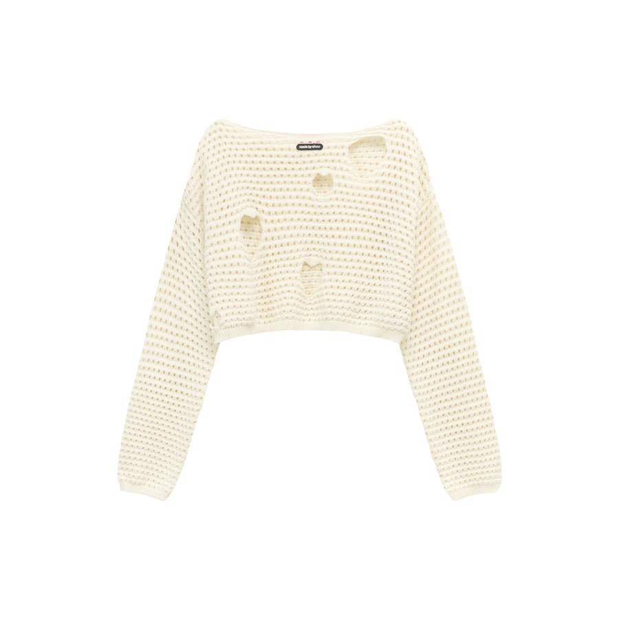 CHUU Heart Cutout Long Sleeve Crop Knit Sweater