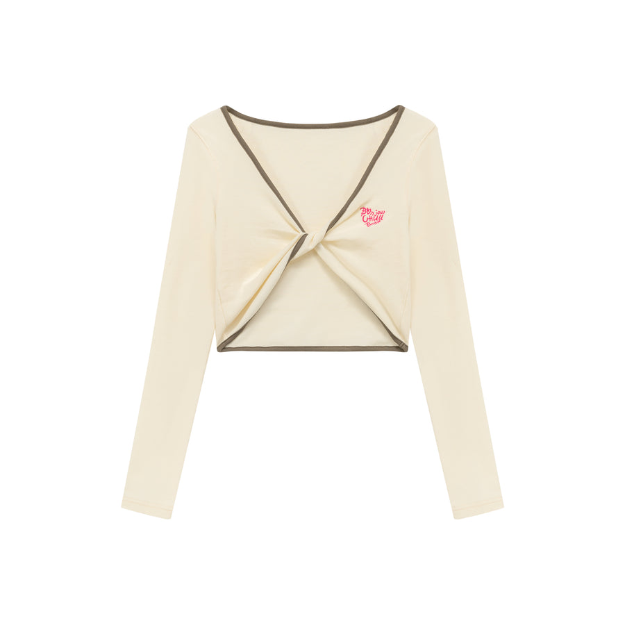 CHUU Embroidered Logo Twisted Cropped Cardigan