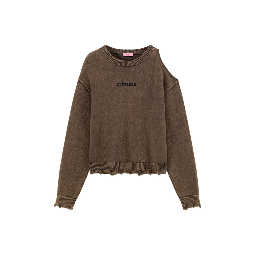 CHUU One Shoulder Cut Out Distressed Knit Sweater