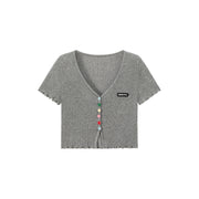 Rainbow Button Raw Hem Cropped T-Shirt