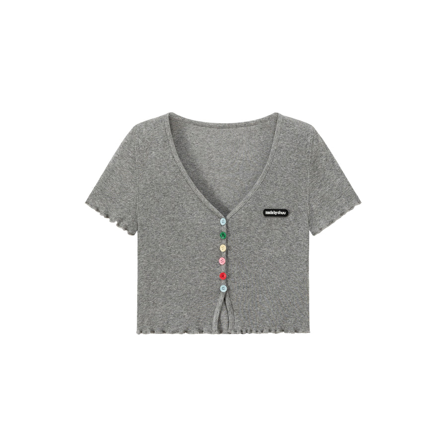 CHUU Rainbow Button Raw Hem Cropped T-Shirt