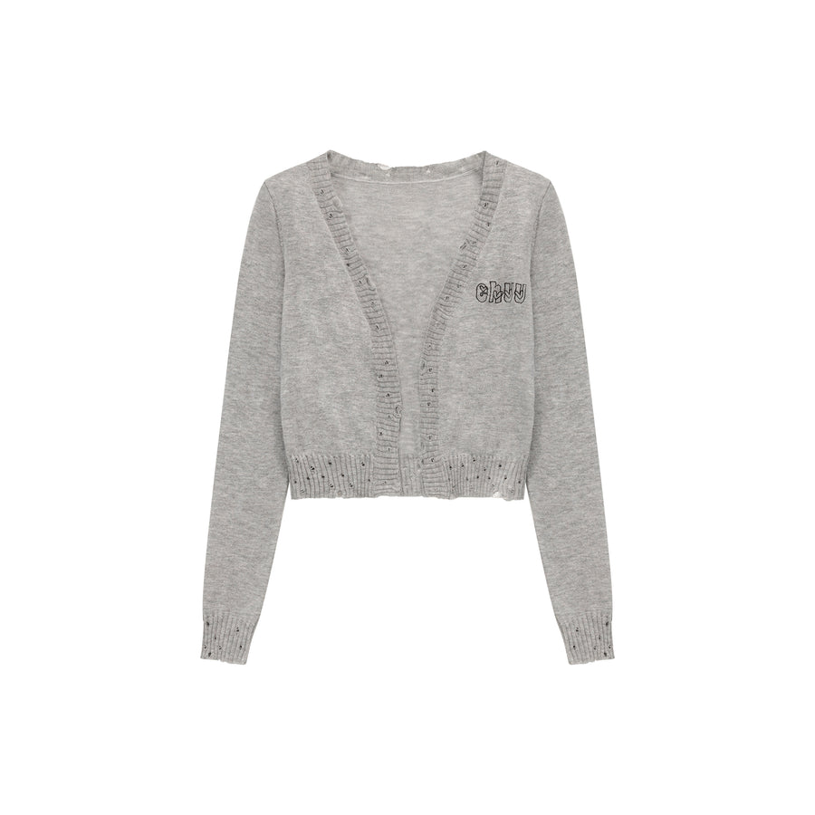 CHUU Logo Distressed Embroidered Cropped Cardigan