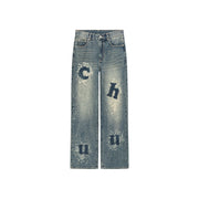 Jumbo Logo Lettering Washed Denim Jeans