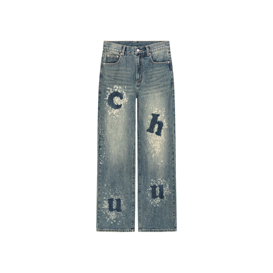 CHUU Jumbo Logo Lettering Washed Denim Jeans