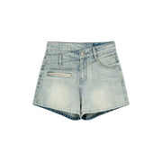 Asymmetrical Button Distressed Denim Shorts