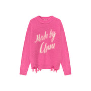 Logo Distressed Lettering Loose Fit Knit Sweater