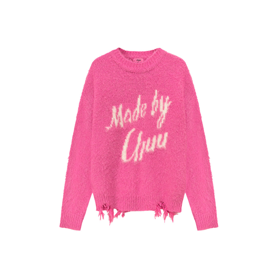 CHUU Logo Distressed Lettering Loose Fit Knit Sweater