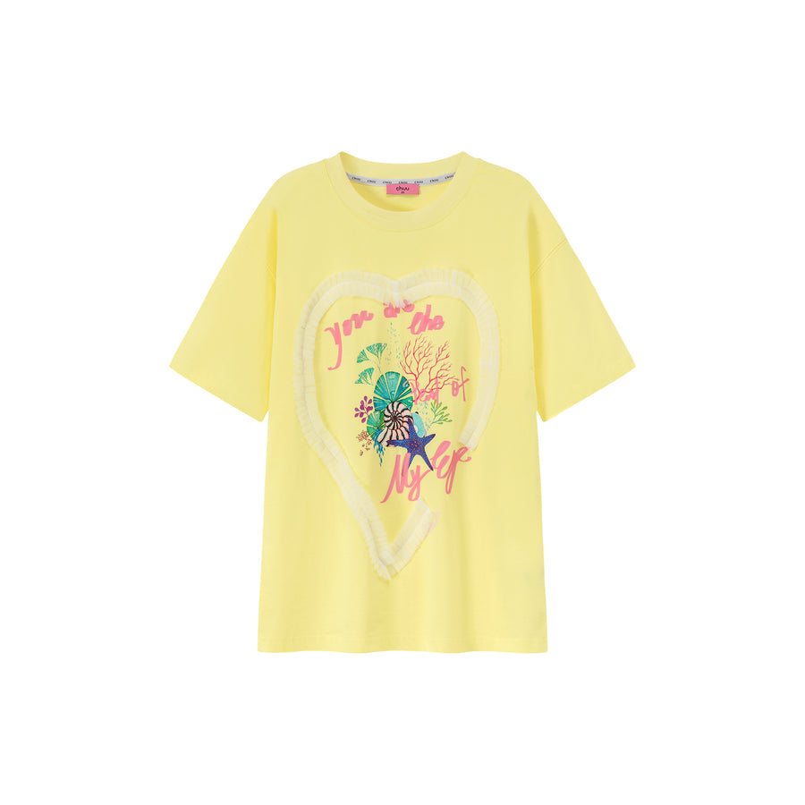 CHUU Ruffle Heart Printed Loose Fit T-Shirt