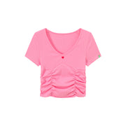 Color V-Neck Heart Keyhole Shirring Crop T-Shirt