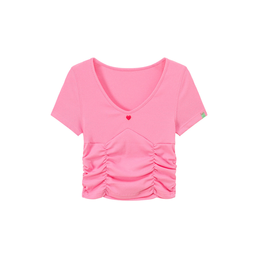 CHUU Color V-Neck Heart Keyhole Shirring Crop T-Shirt