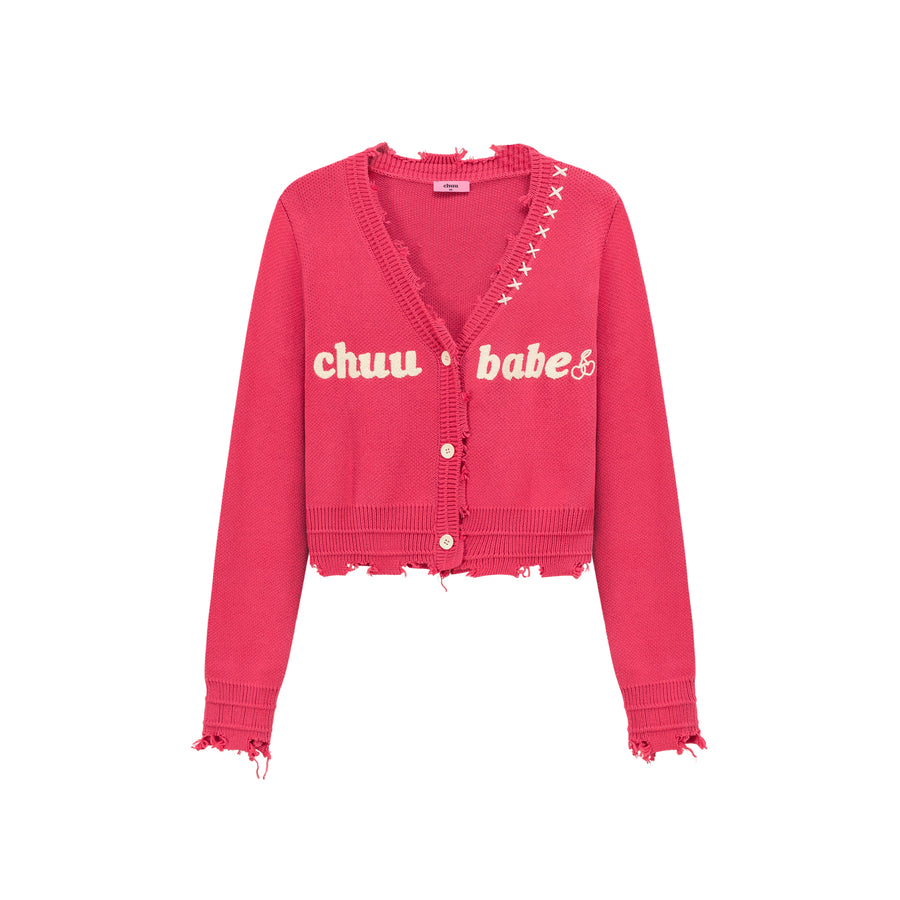 CHUU Logo Distressed Colored Knit Cardigan