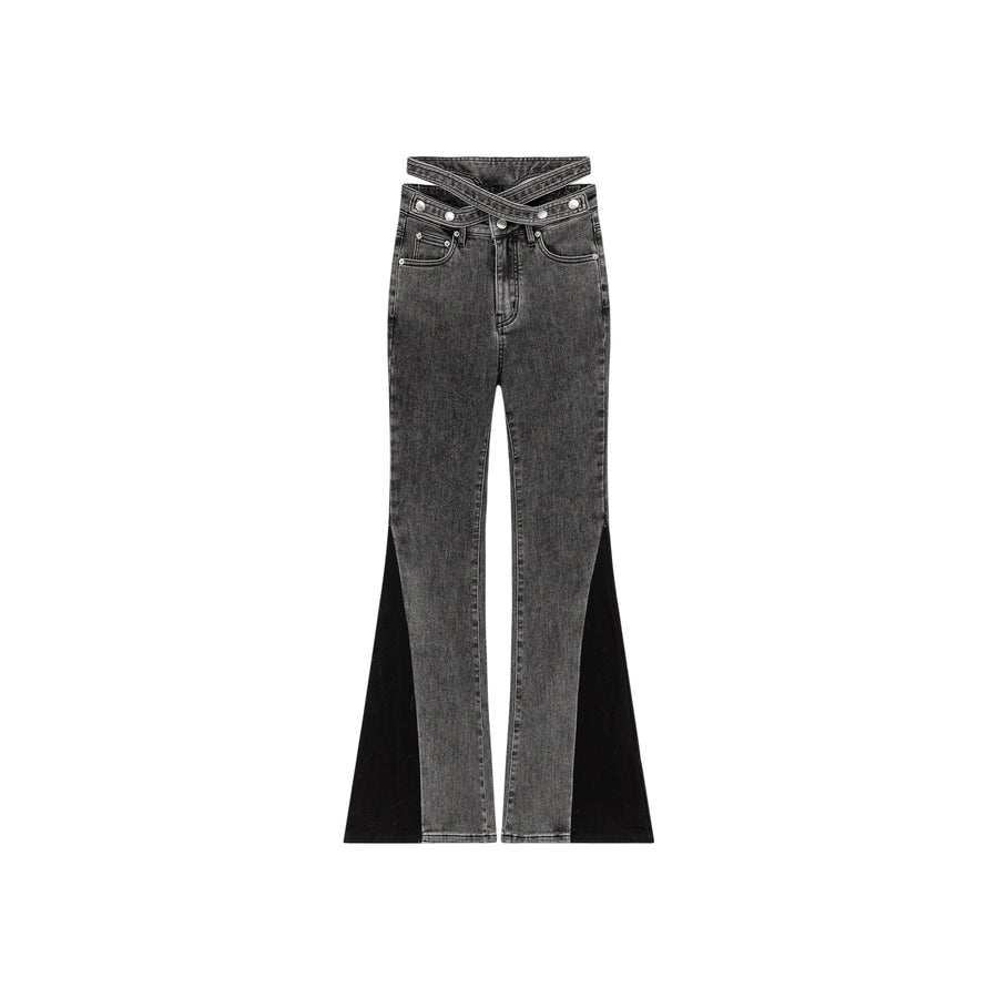 CHUU Criss Cross Belt Two Toned Bootcut Denim Pants