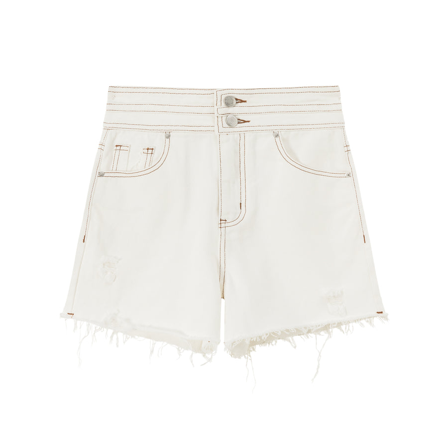 CHUU Distressed Raw Hem Double Button Denim Shorts