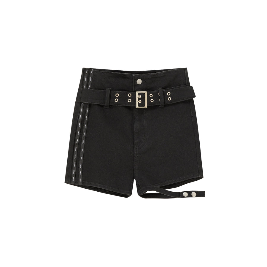 CHUU Slim Belted Leg Slit Denim Shorts