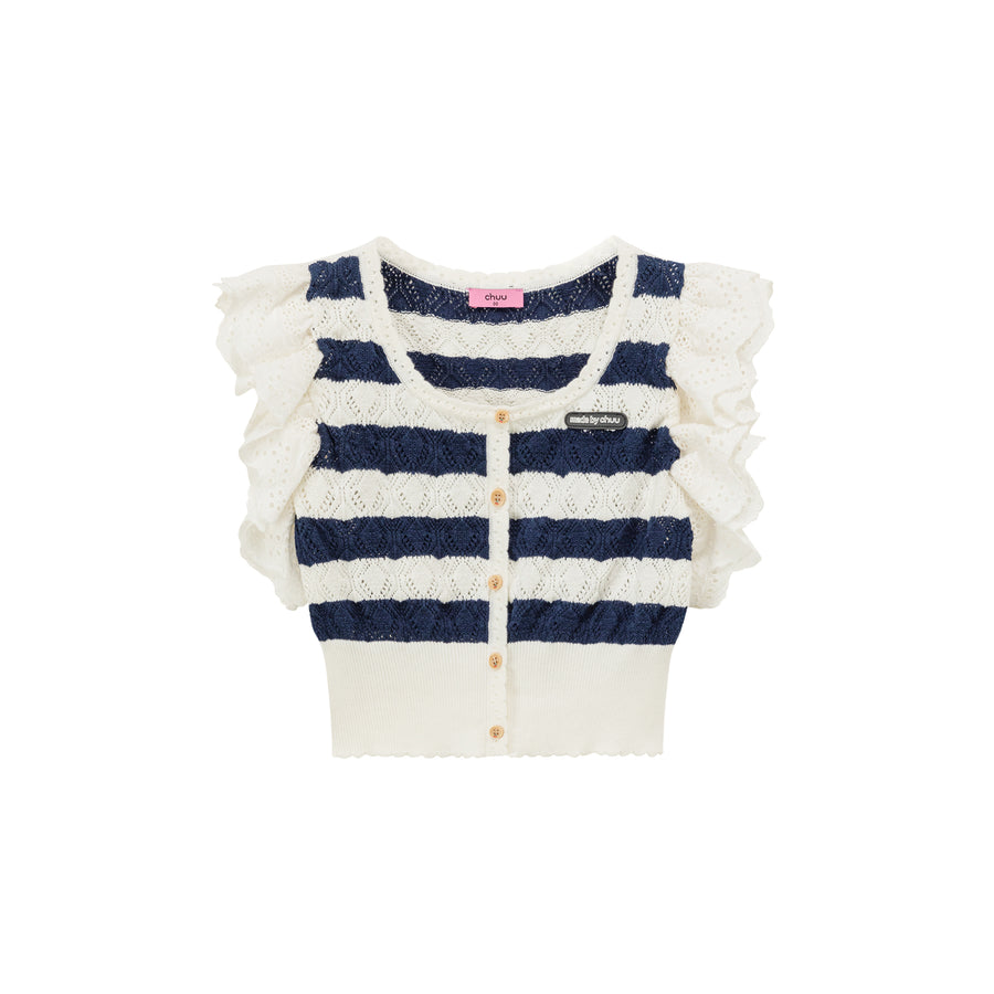 CHUU Ruffled Lace Striped Crop Knit Top