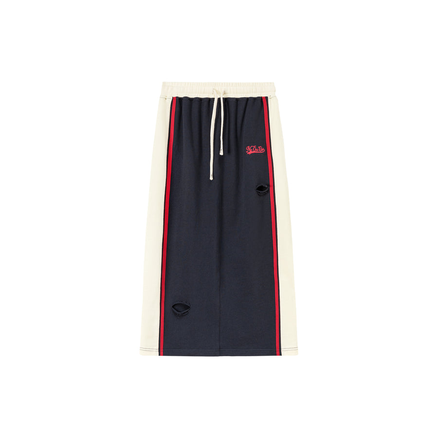 CHUU Vintage Distressed Colorblocked Drawstring Letter Embroidered Long Skirt