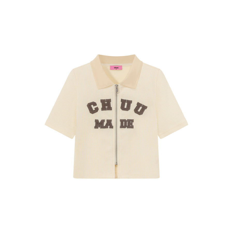 CHUU Logo Color Waffle Short Sleeve Zip-Up Top