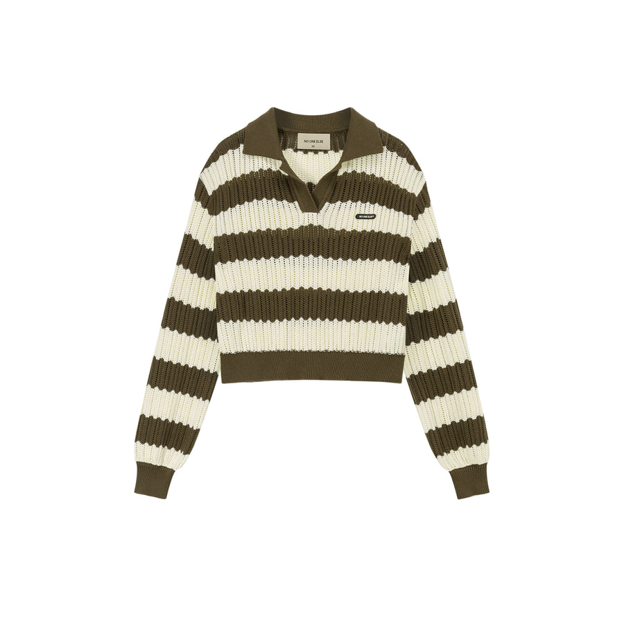 CHUU Color Combination Stripe Open Collar Knit Sweater