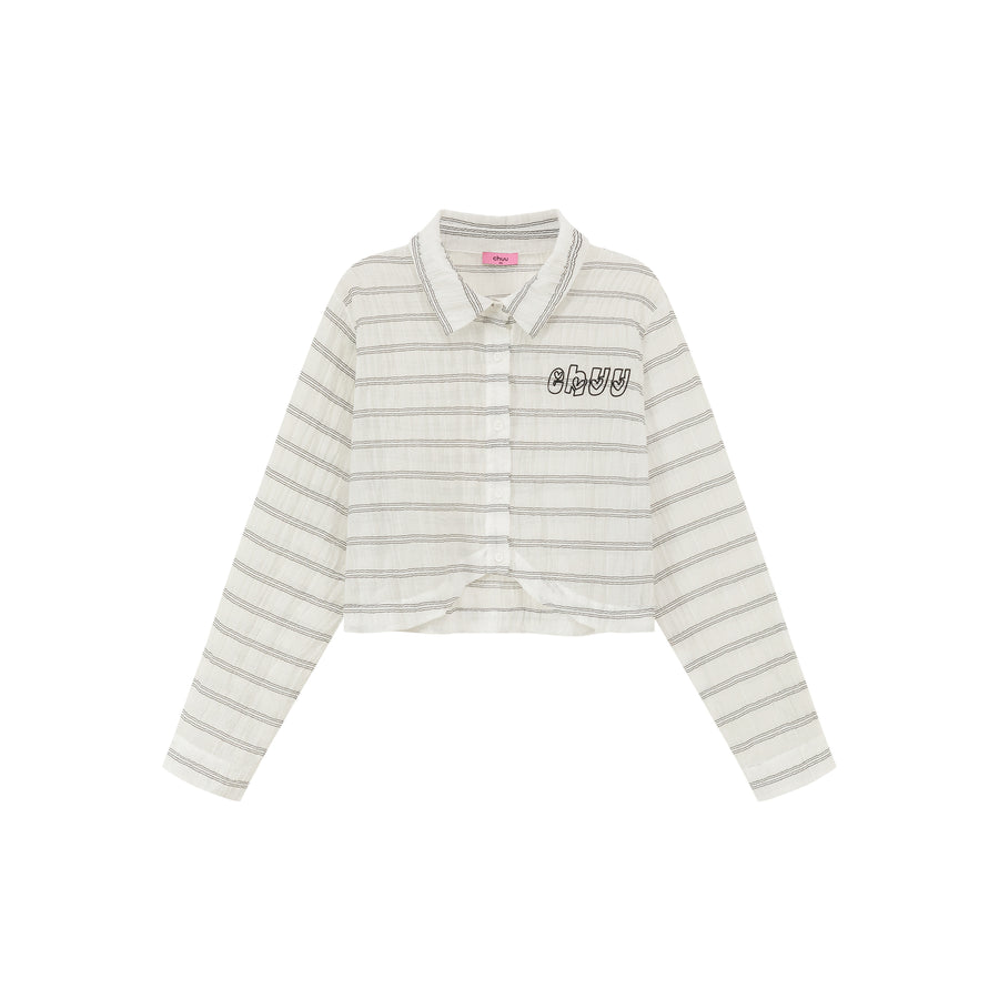 CHUU Logo Embroidered Cropped Striped Shirt