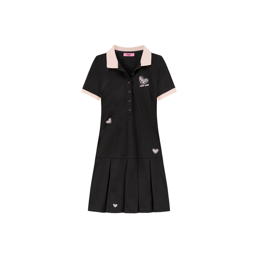 CHUU Polo Neck Pleated Short Sleeve Dress