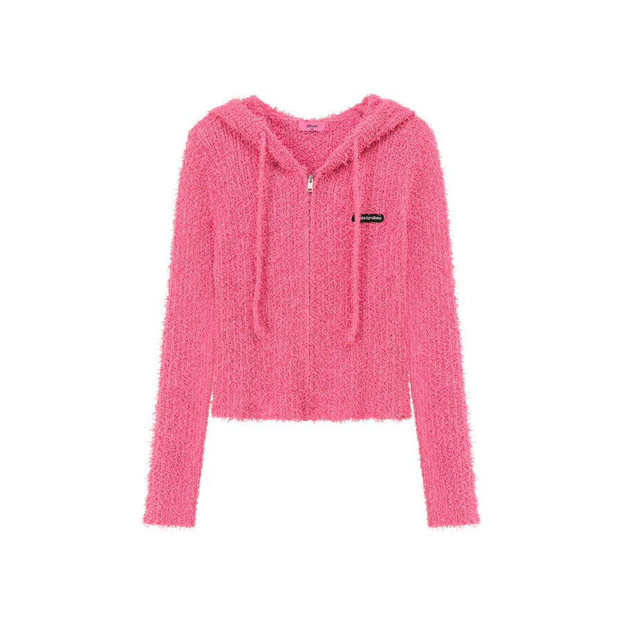 CHUU Fuzzy Hooded Knit Cardigan