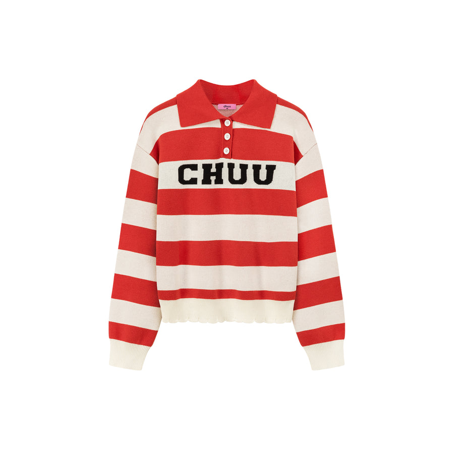 CHUU Polo Neck Striped Knit Top