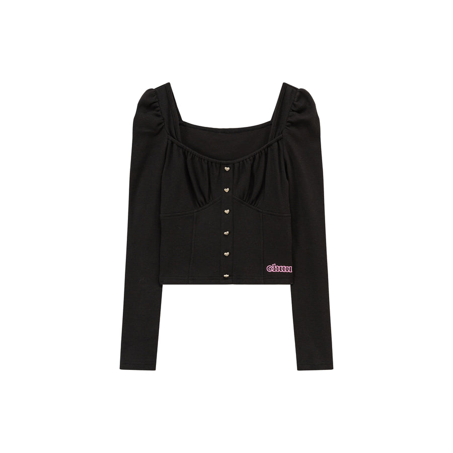 CHUU Heart Buttons Square Puff Sleeve Top