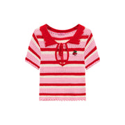 Stripe Ribbon Keyhole Knit Top