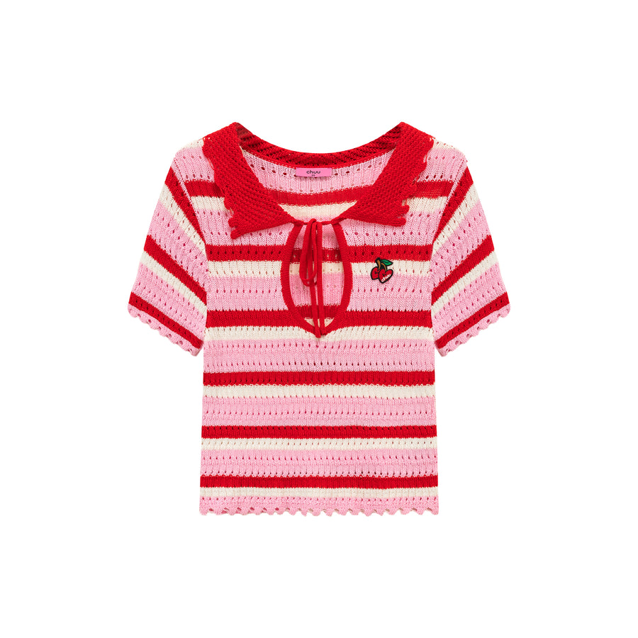 CHUU Stripe Ribbon Keyhole Knit Top