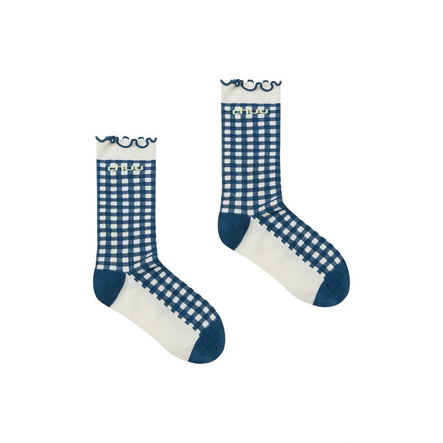 CHUU Ruffled Color Check High Socks